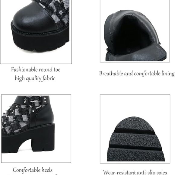 NEW! Women's Denim Leather Splice Chunky Heel Goth Ankle Boots With Side Zipper - Picture 4 of 5